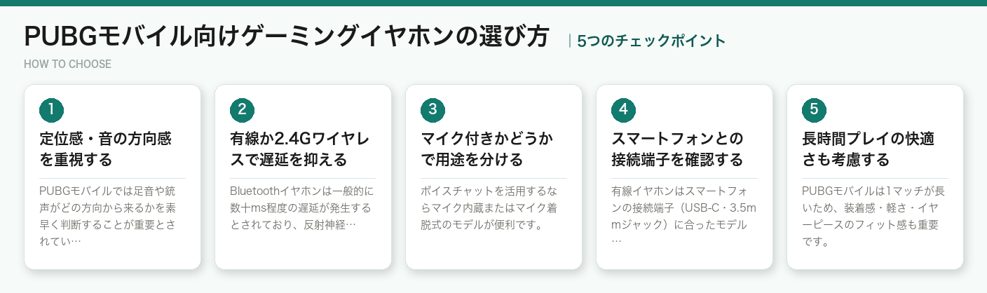 PUBGモバイル向けゲーミングイヤホンの選び方5つのポイント(図解)