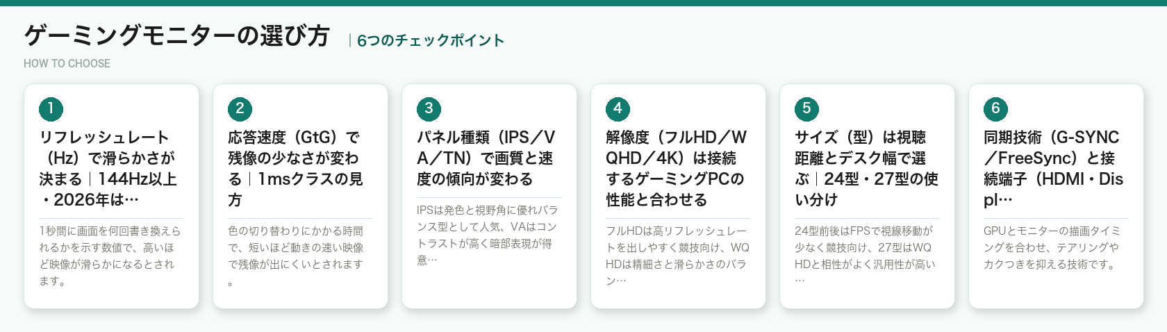 ゲーミングモニターの選び方6つのポイント（図解）