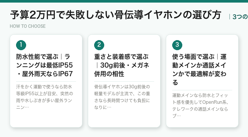 予算2万円で失敗しない骨伝導イヤホンの選び方3つのポイント(図解)