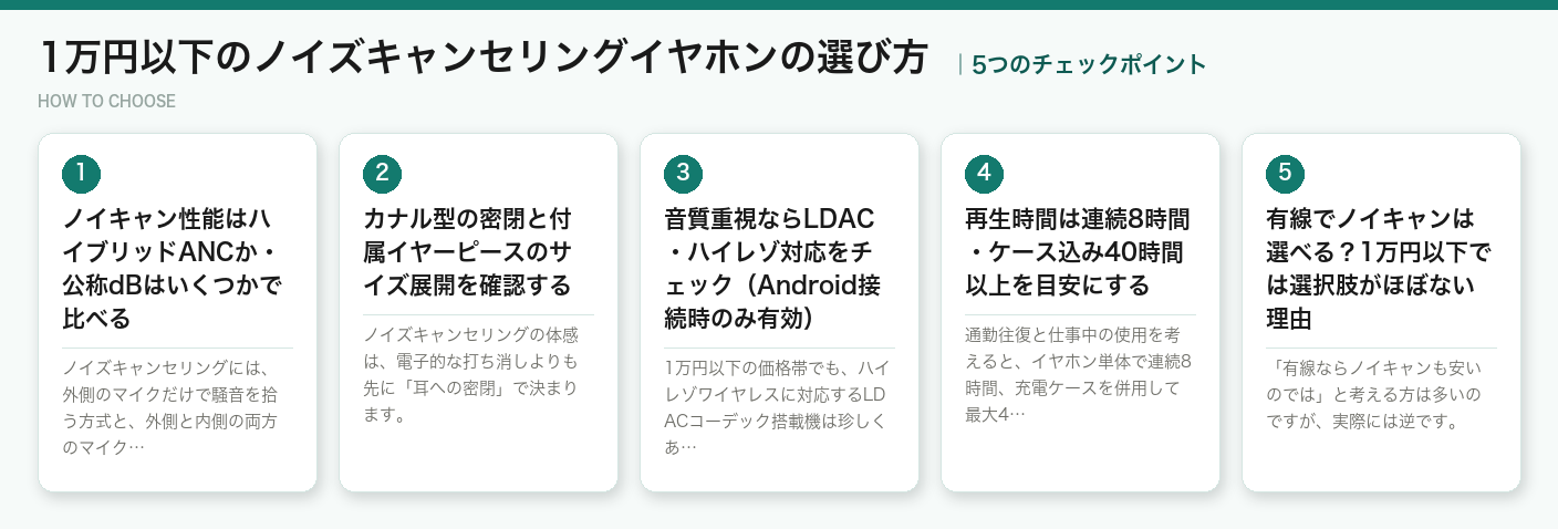 1万円以下のノイズキャンセリングイヤホンの選び方5つのポイント（図解）