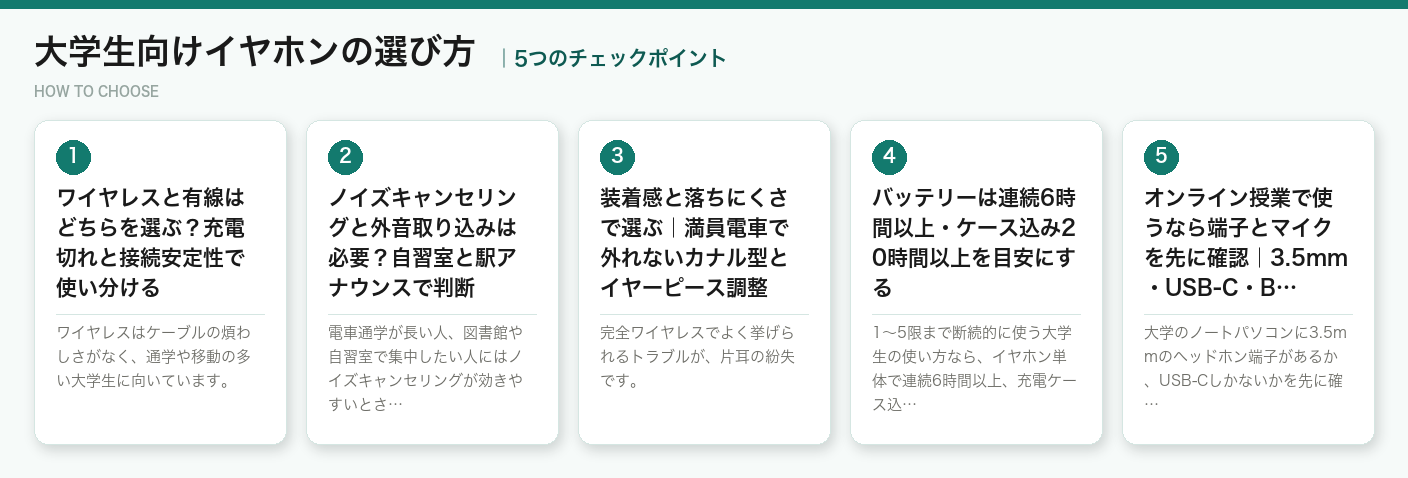 大学生向けイヤホンの選び方5つのポイント（図解）