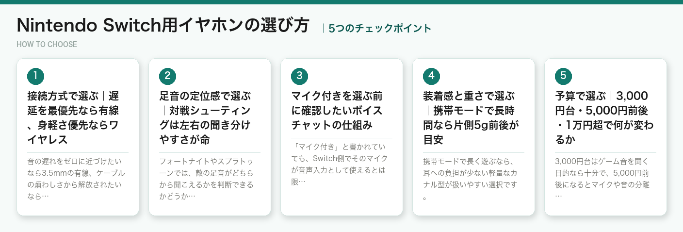Nintendo Switch用イヤホンの選び方5つのポイント（図解）
