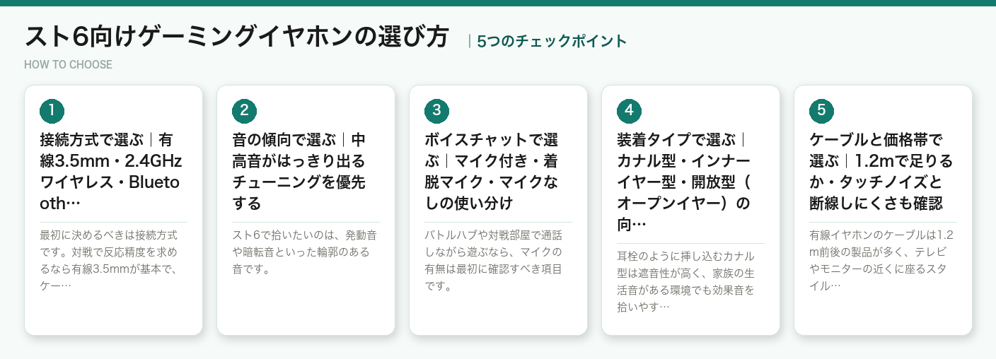 スト6向けゲーミングイヤホンの選び方5つのポイント（図解）