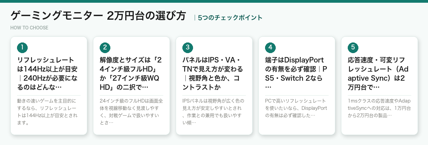 ゲーミングモニター 2万円台の選び方5つのポイント（図解）