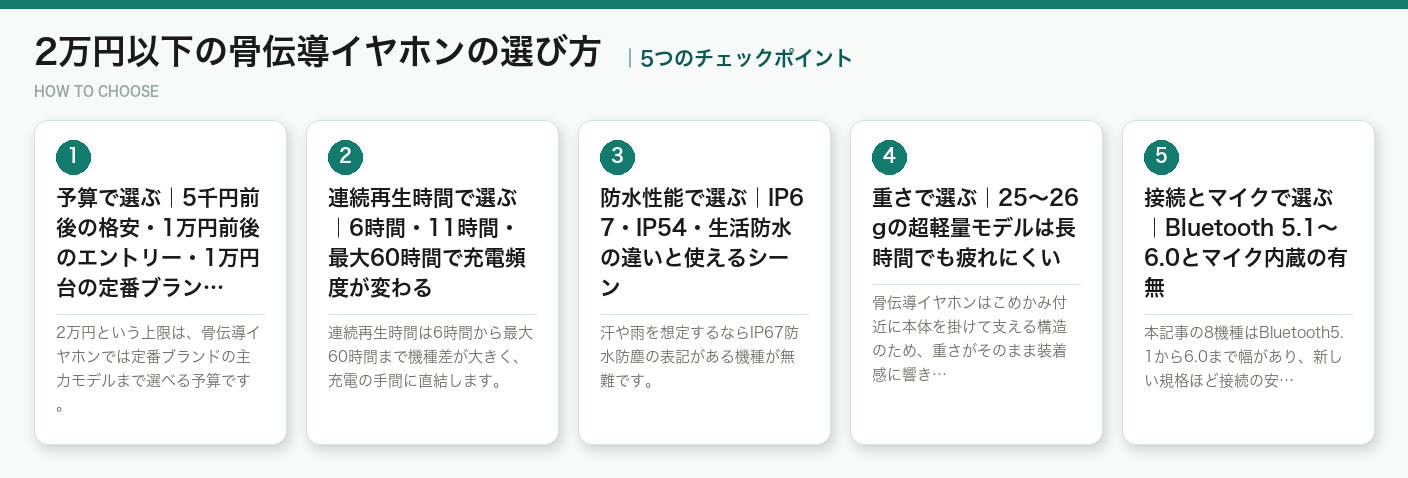2万円以下の骨伝導イヤホンの選び方5つのポイント（図解）