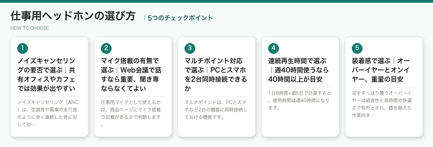仕事用ヘッドホンの選び方5つのポイント（図解）