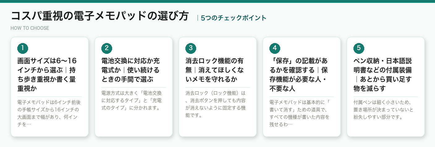 コスパ重視の電子メモパッドの選び方5つのポイント（図解）