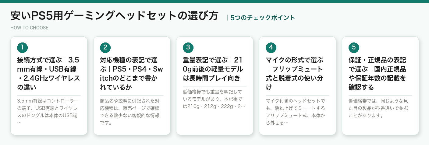 安いPS5用ゲーミングヘッドセットの選び方5つのポイント(図解)