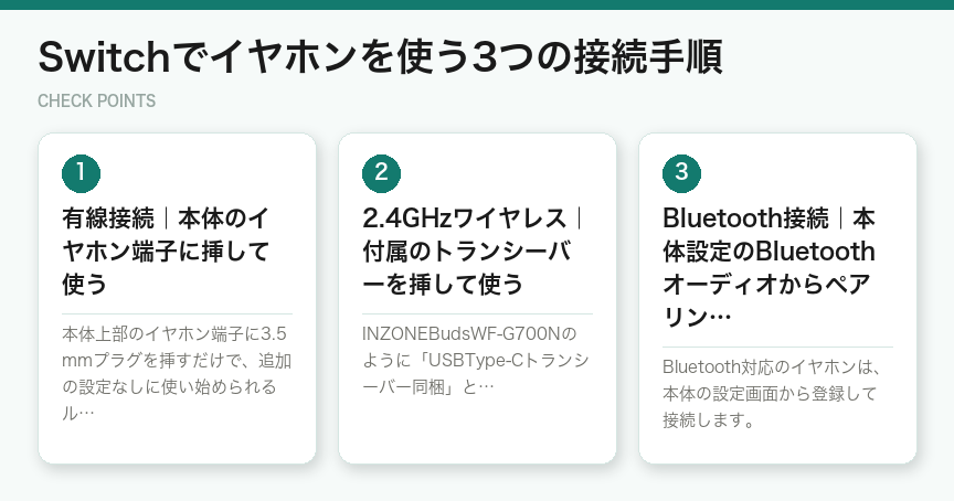 Switchでイヤホンを使う3つの接続手順（図解）