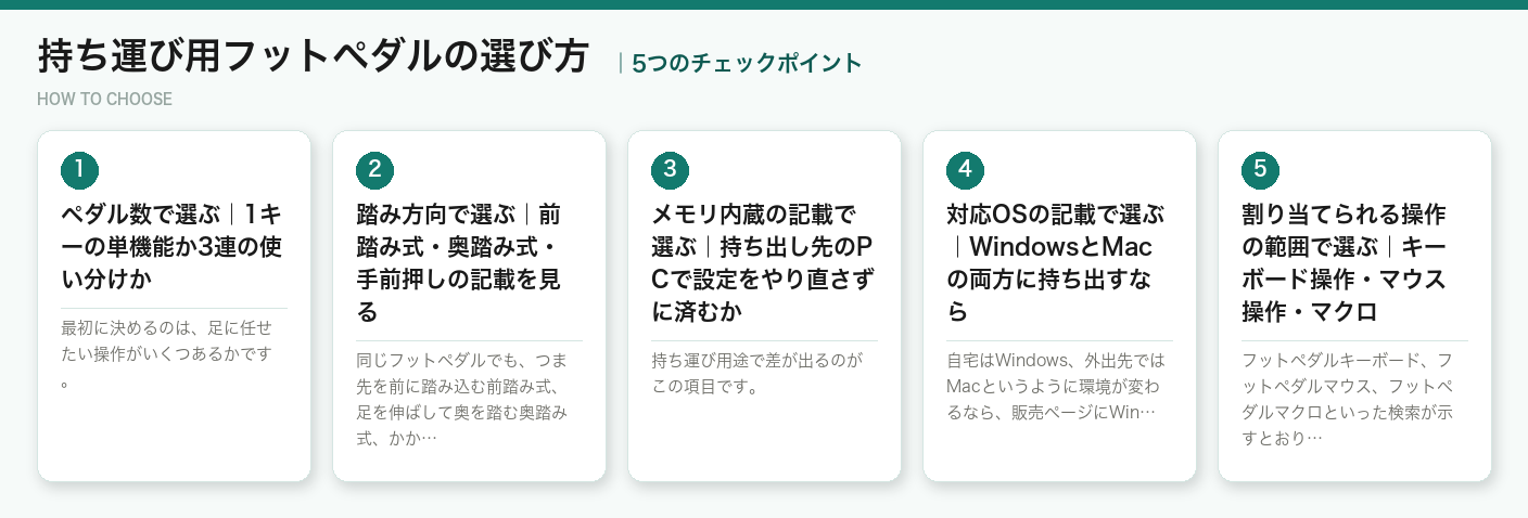 持ち運び用フットペダルの選び方5つのポイント（図解）