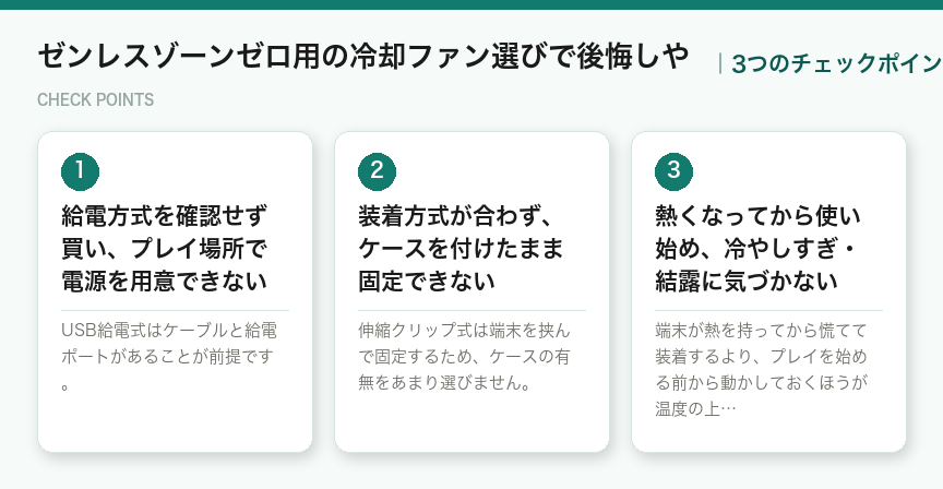 ゼンレスゾーンゼロ用の冷却ファン選びで後悔しやの3つのチェックポイント（図解）