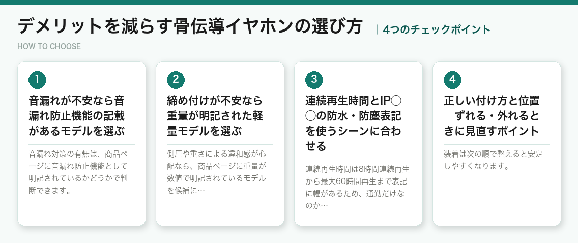 デメリットを減らす骨伝導イヤホンの選び方4つのポイント（図解）