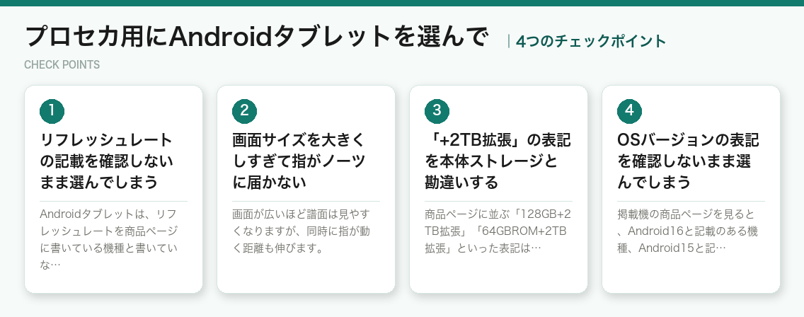 プロセカ用にAndroidタブレットを選んでの4つのチェックポイント(図解)