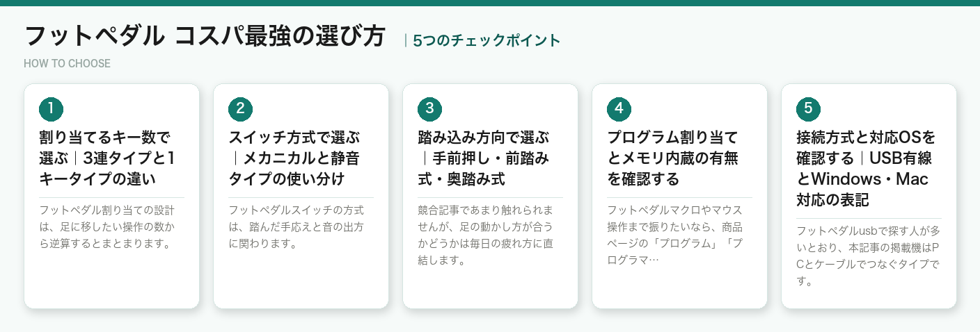 フットペダル コスパ最強の選び方5つのポイント（図解）