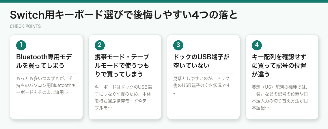 Switch用キーボード選びで後悔しやすい4つの落と(図解)