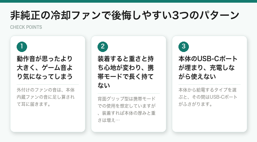 非純正の冷却ファンで後悔しやすい3つのパターン（図解）