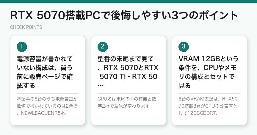 RTX 5070搭載PCで後悔しやすい3つのポイント(図解)