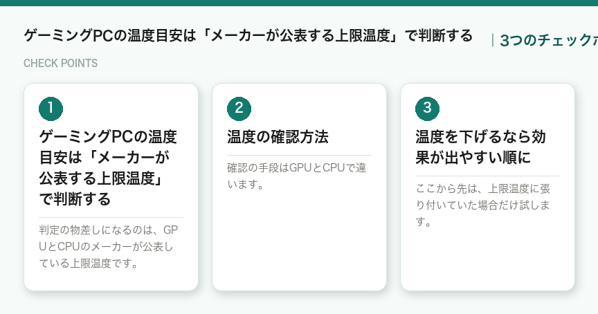 ゲーミングPCの温度目安は「メーカーが公表する上限温度」で判断するの3つのポイント(図解)