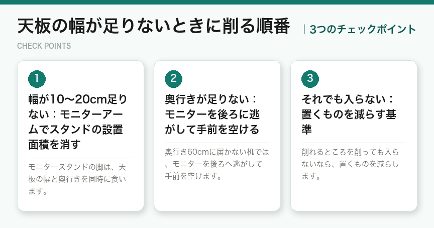 天板の幅が足りないときに削る順番の3つのチェックポイント(図解)