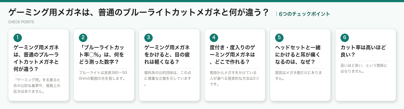 ゲーミング用メガネは、普通のブルーライトカットメガネと何が違う？の6つのチェックポイント（図解）