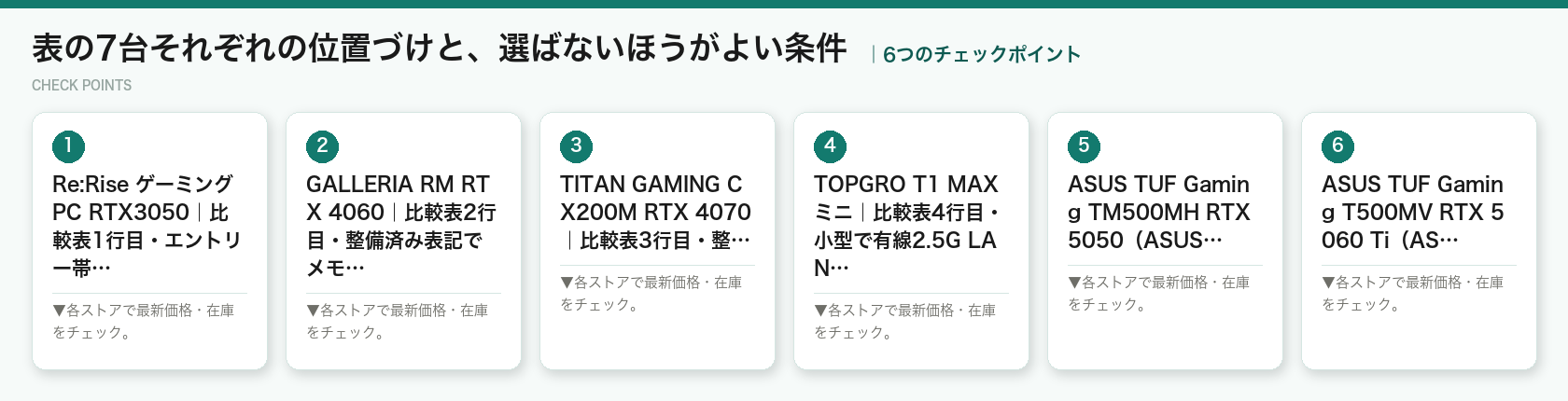 表の7台それぞれの位置づけと、選ばないほうがよい条件の6つのポイント(図解)