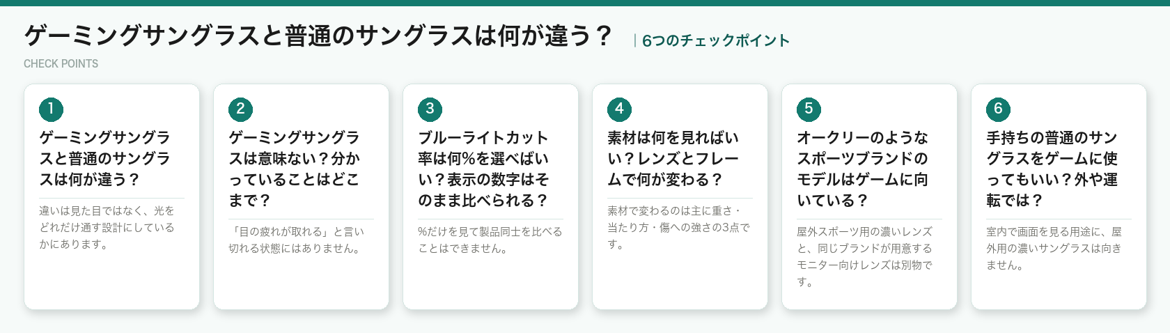 ゲーミングサングラスと普通のサングラスは何が違う?の6つのポイント(図解)