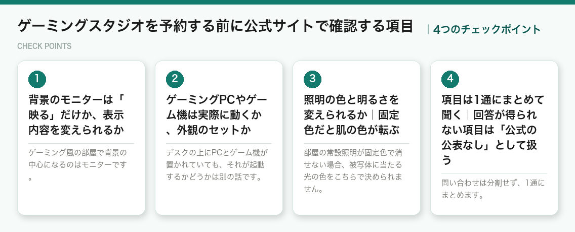 ゲーミングスタジオを予約する前に公式サイトで確認する項目の4つのチェックポイント（図解）