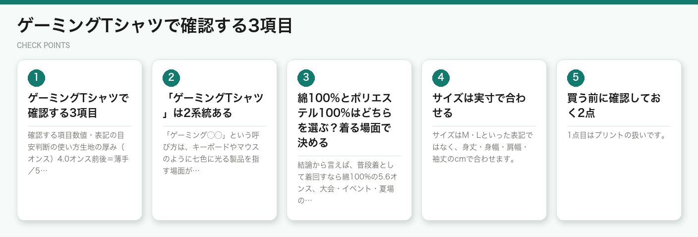 ゲーミングTシャツで確認する3項目（図解）