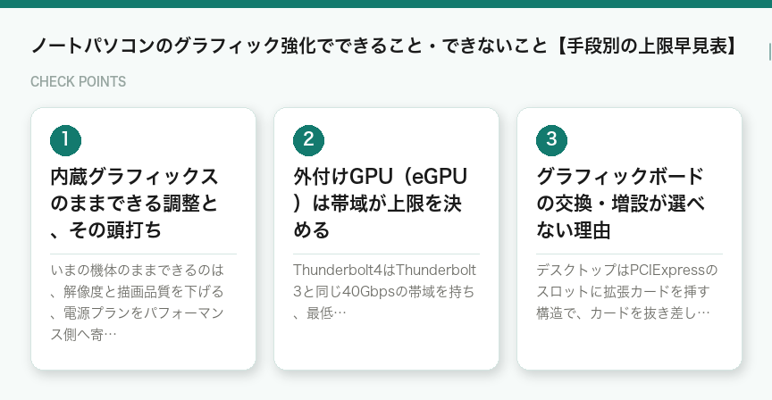 ノートパソコンのグラフィック強化でできること・できないこと【手段別の上限早見表】の3つのポイント(図解)
