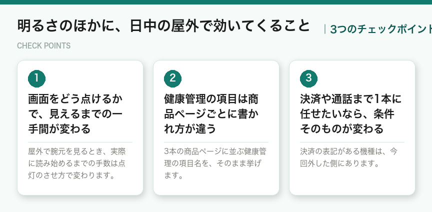 明るさのほかに、日中の屋外で効いてくることの3つのチェックポイント(図解)