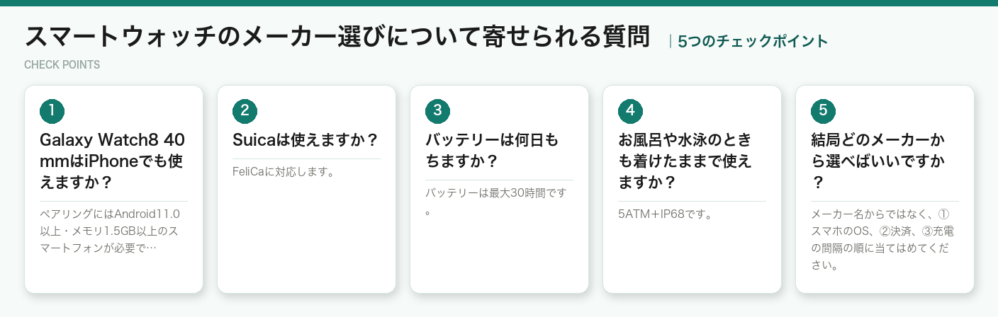 スマートウォッチのメーカー選びについて寄せられる質問の5つのポイント(図解)