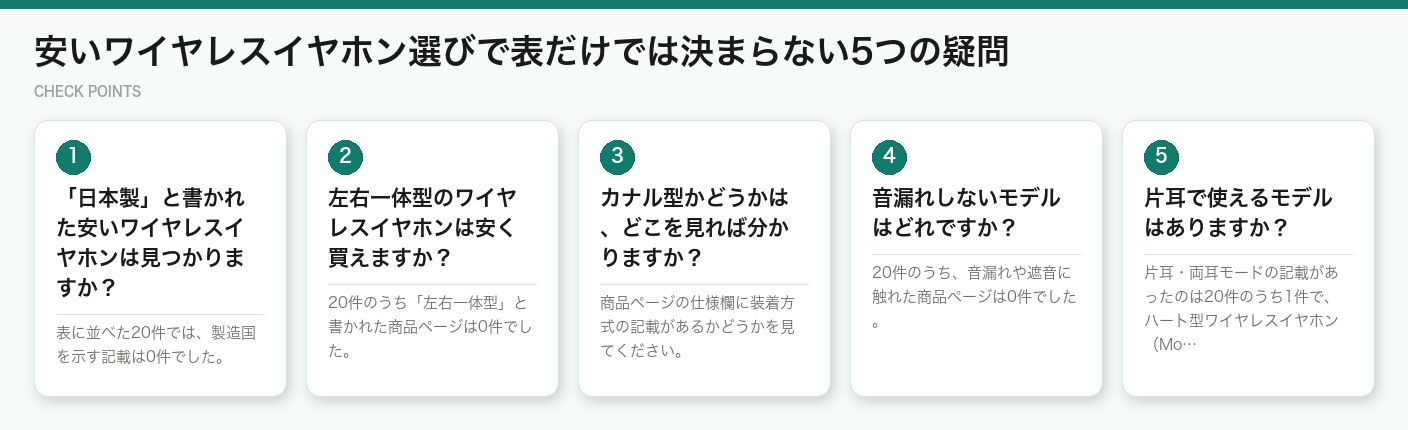 安いワイヤレスイヤホン選びで表だけでは決まらない5つの疑問（図解）