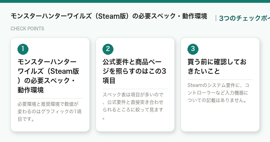 モンスターハンターワイルズ（Steam版）の必要スペック・動作環境の3つのチェックポイント（図解）