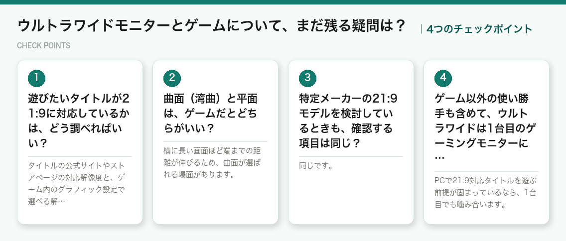 ウルトラワイドモニターとゲームについて、まだ残る疑問は?の4つのチェックポイント(図解)