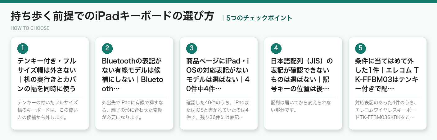 持ち歩く前提でのiPadキーボードの選び方5つのポイント（図解）