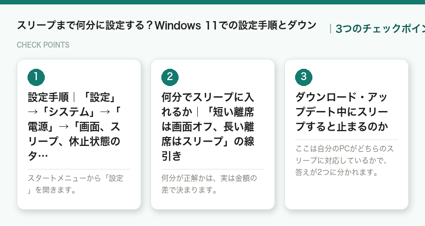 スリープまで何分に設定する？Windows 11での設定手順とダウンの3つのチェックポイント（図解）