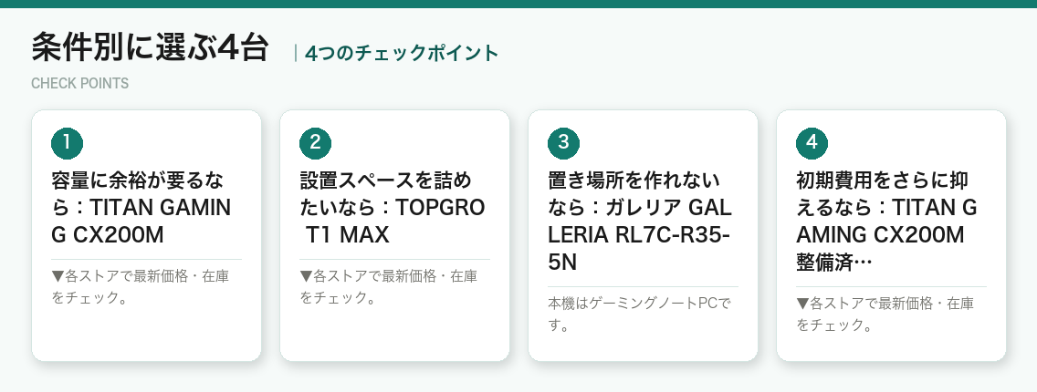 条件別に選ぶ4台の4つのポイント（図解）