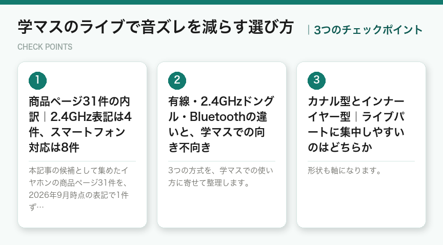 学マスのライブで音ズレを減らす選び方の3つのポイント（図解）