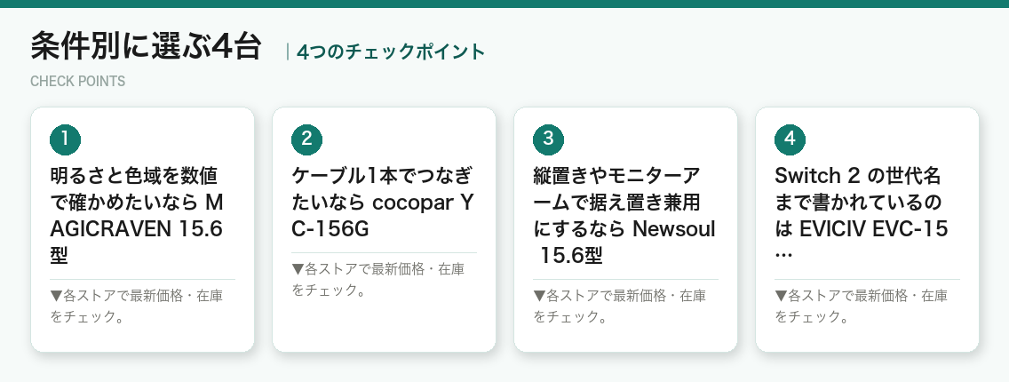 条件別に選ぶ4台の4つのポイント(図解)