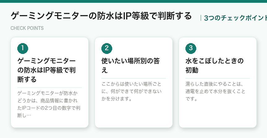 ゲーミングモニターの防水はIP等級で判断するの3つのポイント（図解）