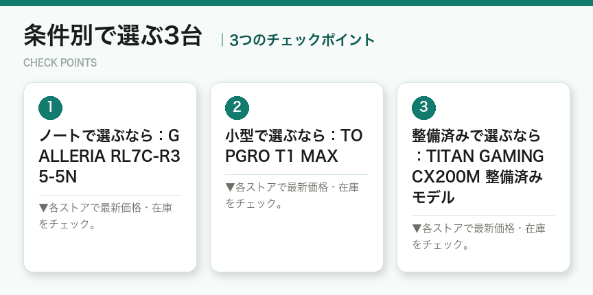 条件別で選ぶ3台の3つのポイント（図解）