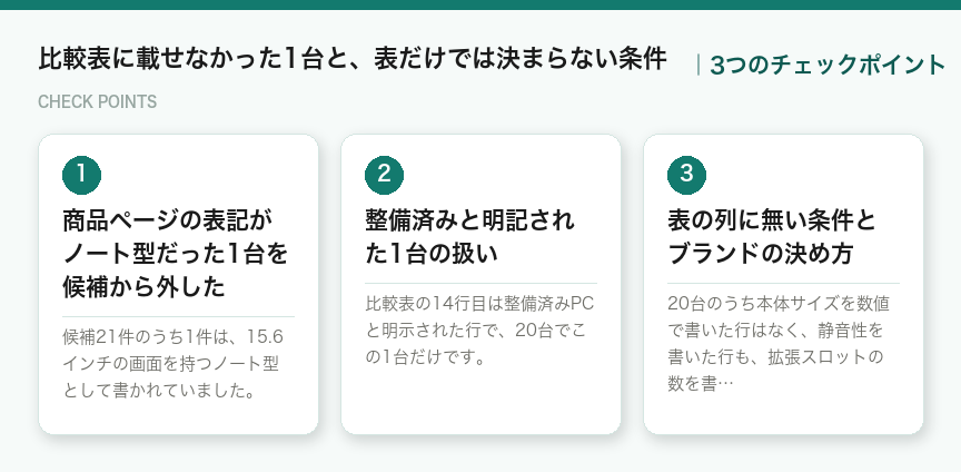 比較表に載せなかった1台と、表だけでは決まらない条件の3つのポイント（図解）