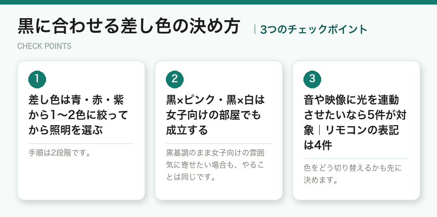 黒に合わせる差し色の決め方の3つのポイント(図解)