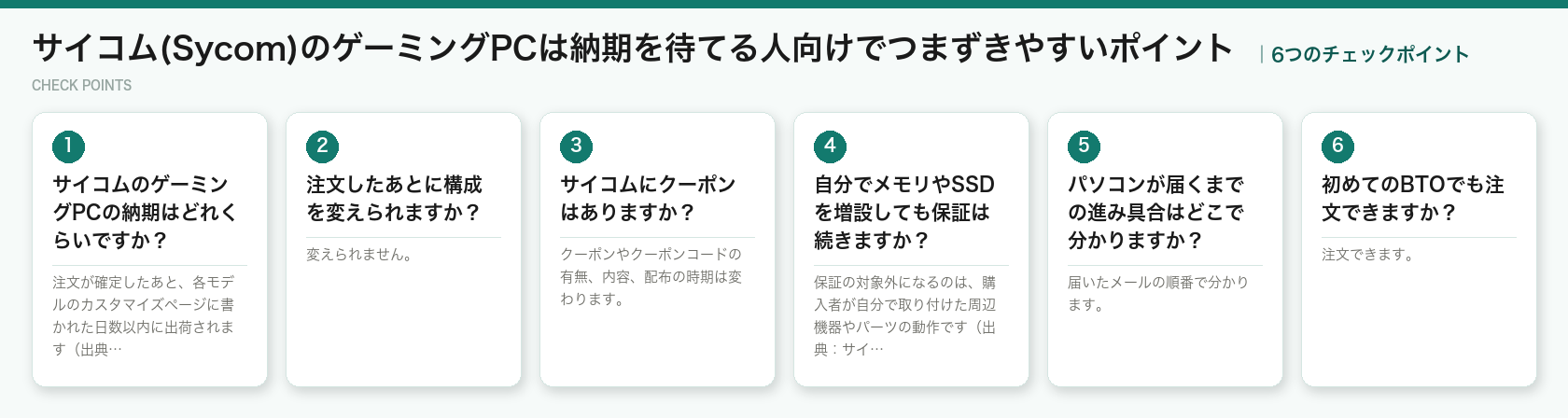 サイコム(Sycom)のゲーミングPCは納期を待てる人向けでつまずきやすいポイントの6つのポイント(図解)